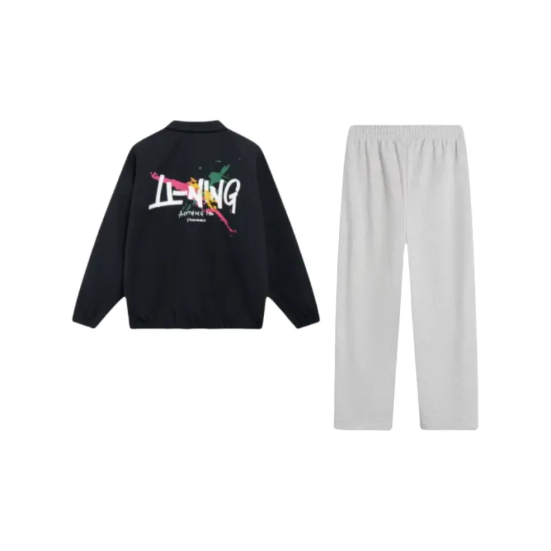 LINING Casual Sportswear Men Clothing Set Black Top+Gray Pants-1