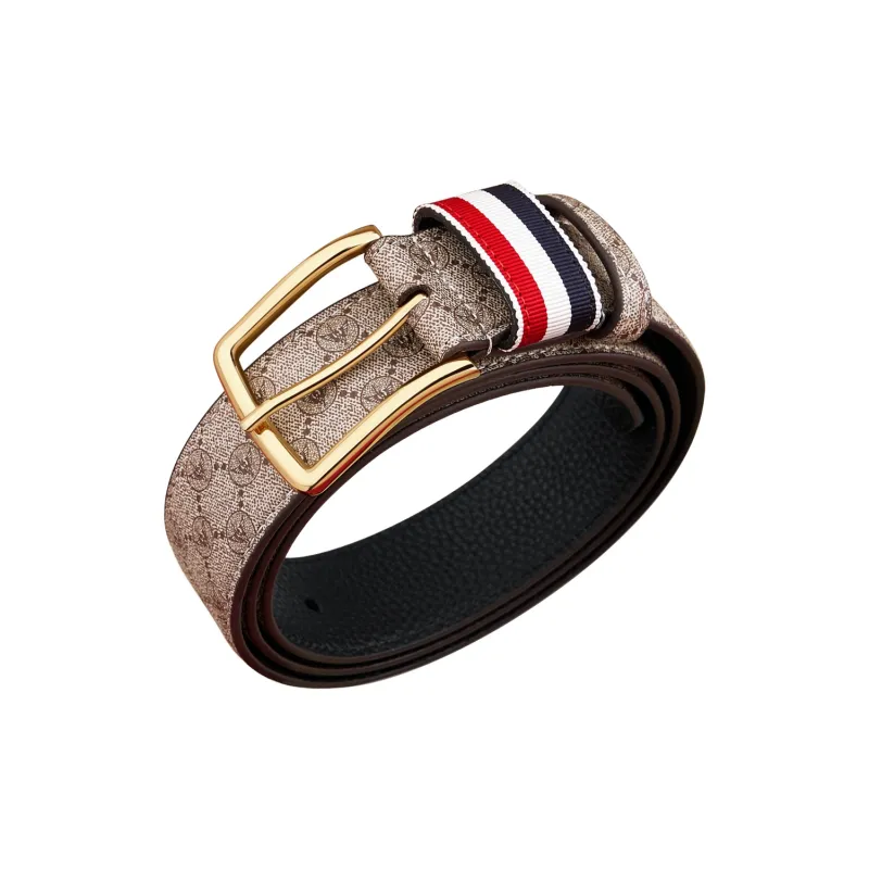 WilliamPOLO Cow Leather Leather Belts Men's Gold Buckle Khaki Strap 3.5cm Width-2