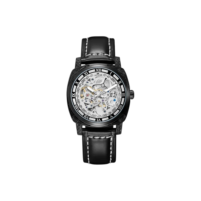 LIBER AEDON Automatic Mechanical Movement Genuine Leather Strap Black Dial Men's Watches-11