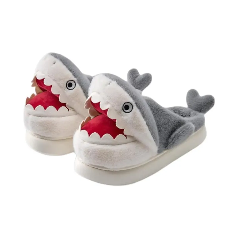Yu Pu Cartoon Shark Cotton Slippers Winter Indoor Mules Fleece Lined Warm Home Padded Shoes-0