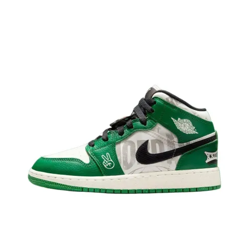 Jordan Air Jordan 1 Anti Slip Wear Resistant Mid Top Children's Basketball Shoes Green Teenagers