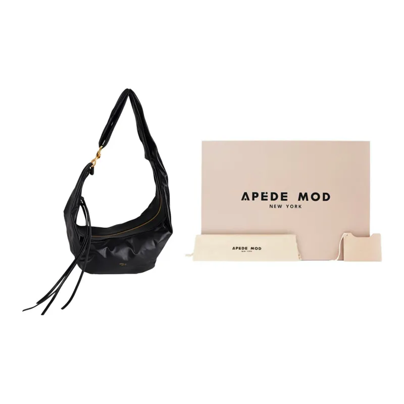 APEDE MOD Top Grain Cow Leather Cloud Fringe Bag Handbag Shoulder Bag Crossbody Bag Medium Size Women's Black Shiny-0