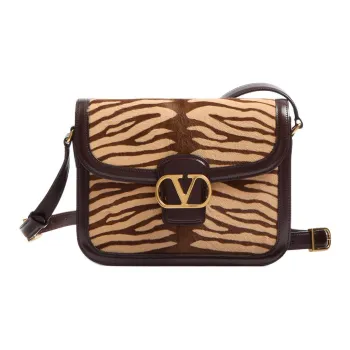 Valentino Tiger Print With Leather Shoulder Bag, Crossbody Bag Women's Beige & Dark Brown
