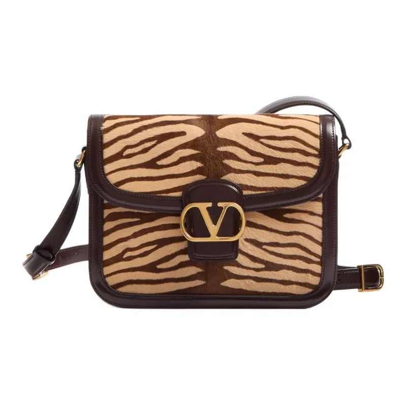 Valentino Tiger Print With Leather Shoulder Bag, Crossbody Bag Women's Beige & Dark Brown-0