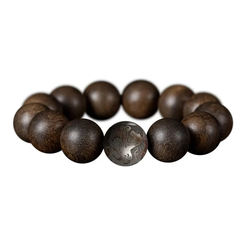 FANGYUANXIAOFU Aromatic Agarwood Single Plain Bead Chinese Style Fortune Beaded Bracelet Unisex-19