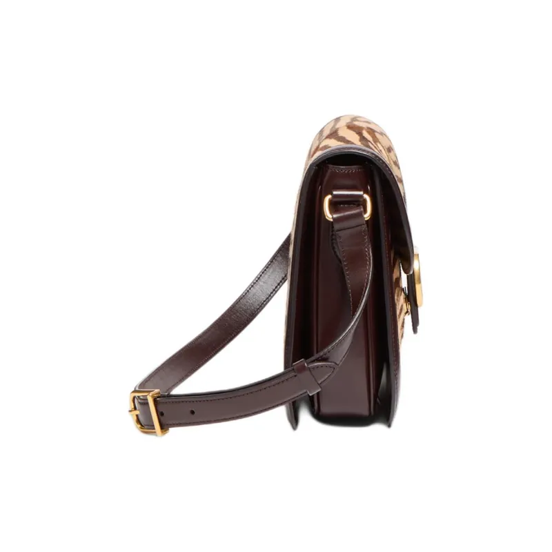 Valentino Tiger Print With Leather Shoulder Bag, Crossbody Bag Women's Beige & Dark Brown-2