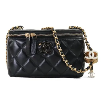 CHANEL Shiny Lambskin Makeup Bag Women's Black