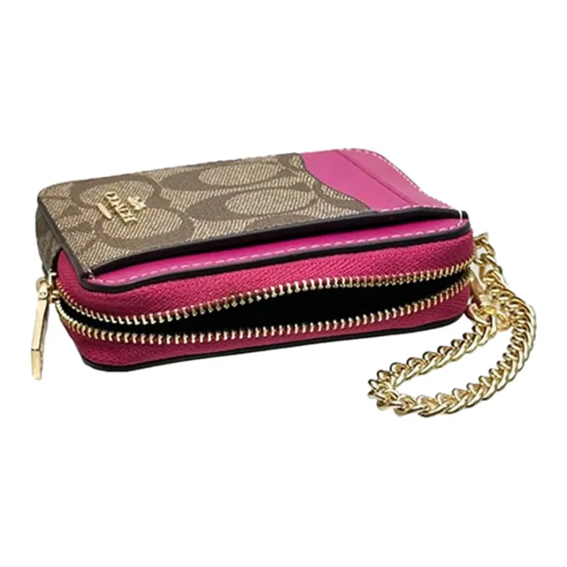 COACH Card Case Canvas With Leather Card Holder Mini Women's Khaki & Cherry Red-2