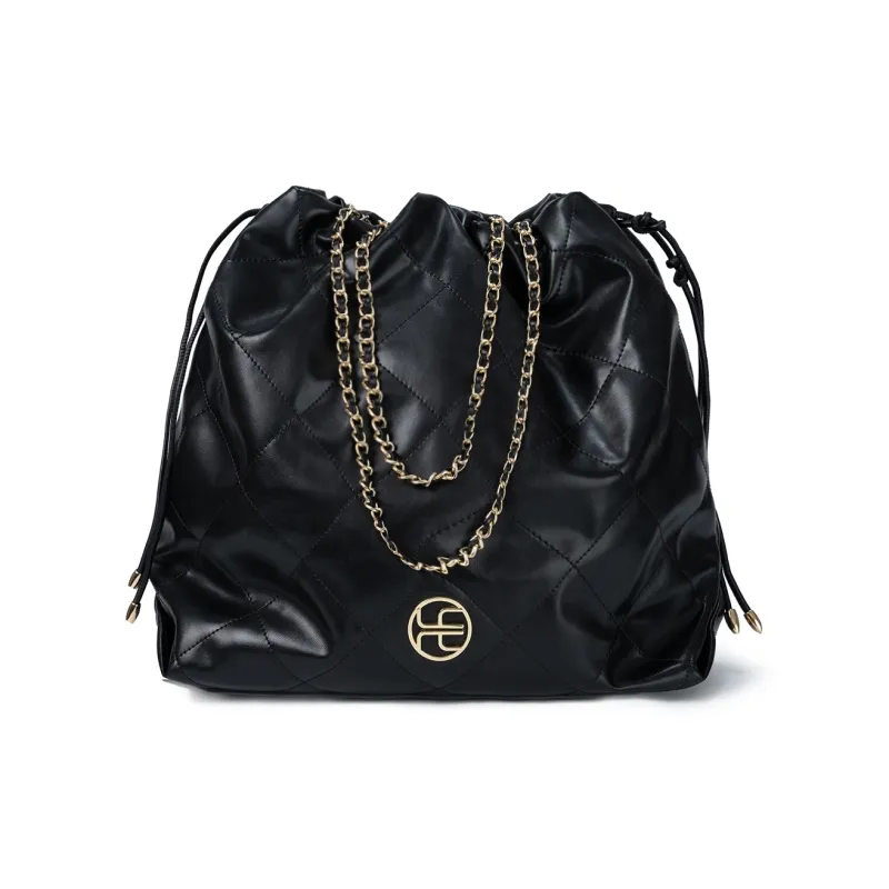 HE BAO BAO Microfiber Synthetic Leather Bucket Bags Shoulder Bags Women's Black Gold-7