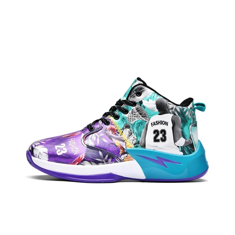 Black-tailed Deer Cushioned Slip-Resistant Abrasion-Resistant High-Top Basketball Shoes Unisex Mismatched Cyan Purple-18
