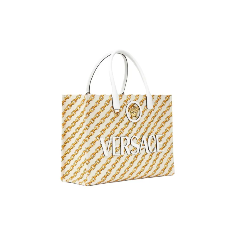 VERSACE La Medusa Cotton Tote Bag Shopping Bag Handbag Large Size Women's Gold & White-1