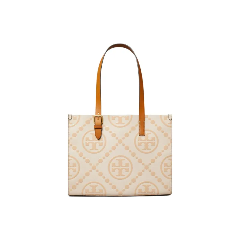 TORY BURCH T Monogram Embossed Leather Tote Bag, Shopping Bag, Shoulder Bag, Handbag Trumpets Women's Light Peach-2