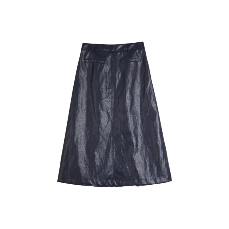 ELLE Leather Long Skirts Women's Navy Blue-1