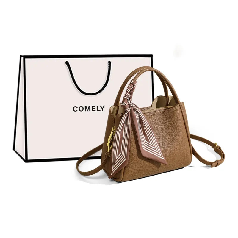 COMELY Cow Leather Patchwork Synthetic Leather Bucket Bags Handbags Regular Women's Brown-0