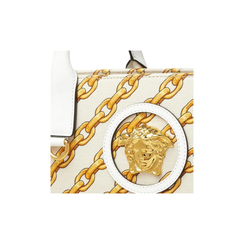 VERSACE La Medusa Cotton Tote Bag Shopping Bag Handbag Large Size Women's Gold & White-3