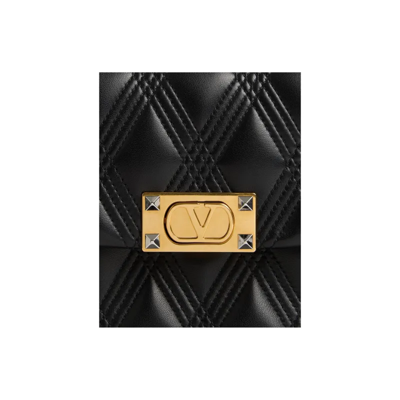 Valentino Embossed Goat Skin Shoulder Bag Crossbody Bag Medium Size Women's Black-5