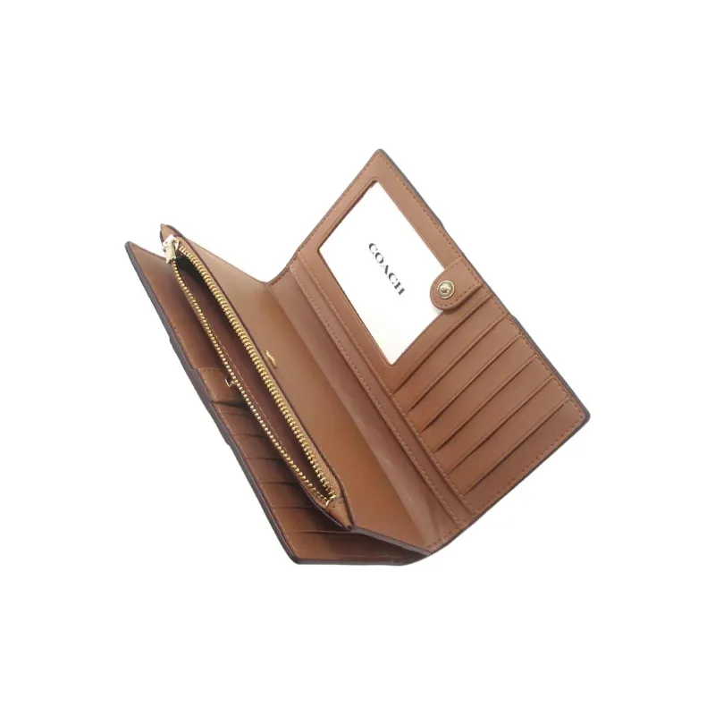 COACH Slim Wallet Coated Canvas With Smooth Leather Wallet Small Size Women's Light Khaki & White-2