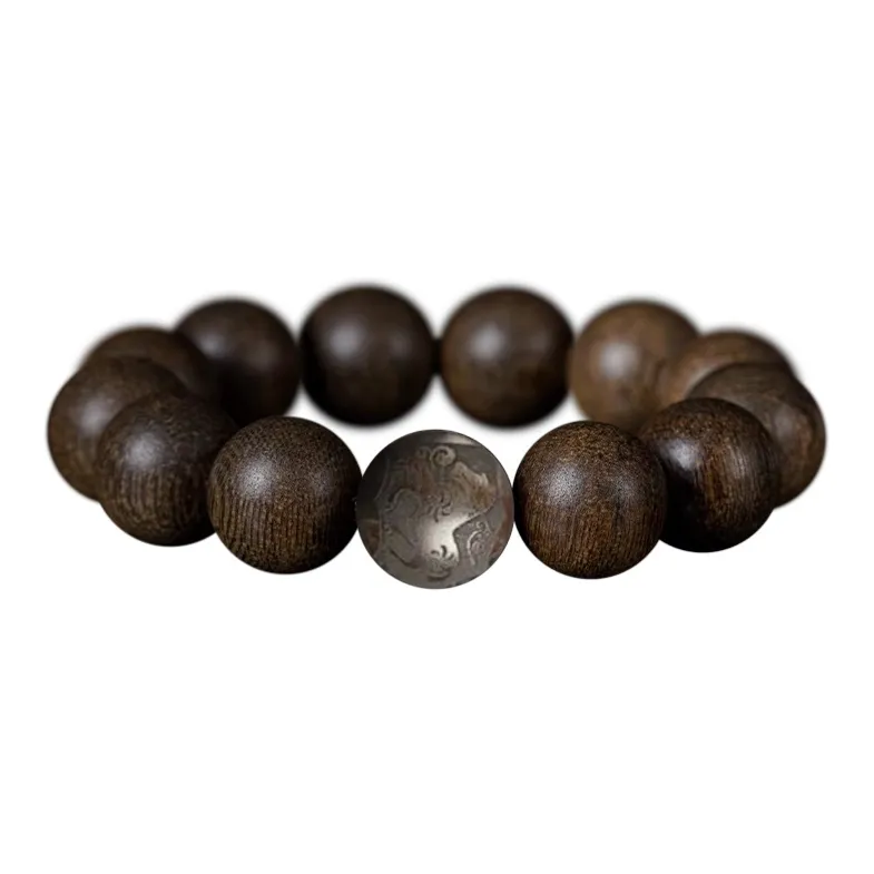 FANGYUANXIAOFU Aromatic Agarwood Single Plain Bead Chinese Style Fortune Beaded Bracelet Unisex-18