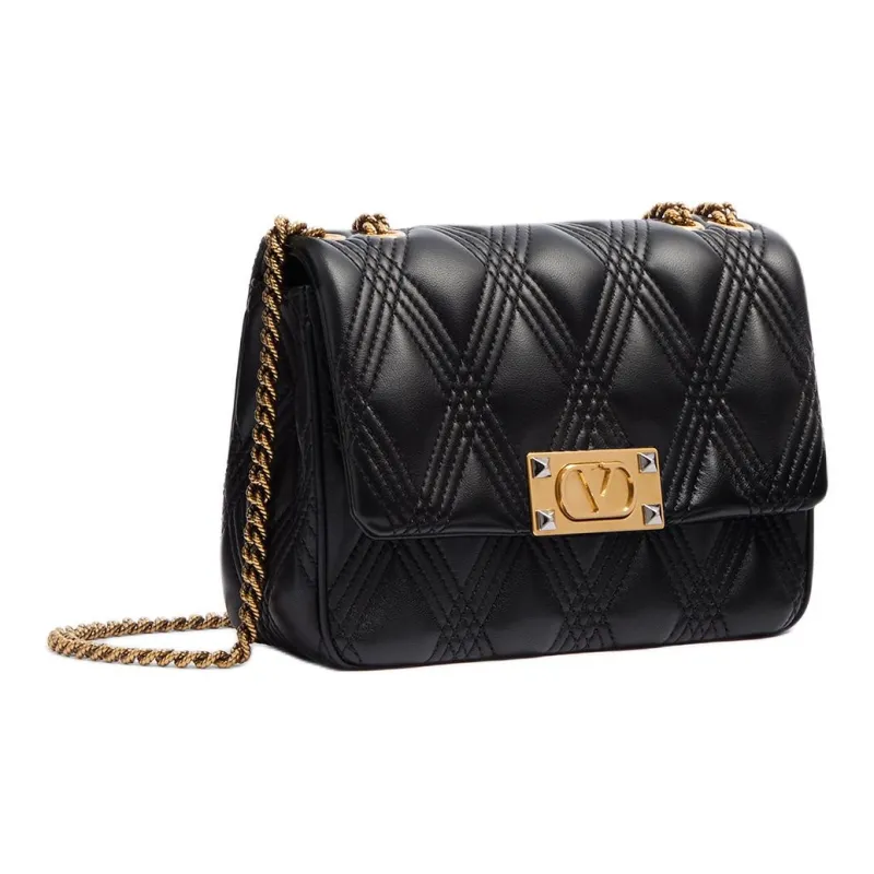 Valentino Embossed Goat Skin Shoulder Bag Crossbody Bag Medium Size Women's Black-1
