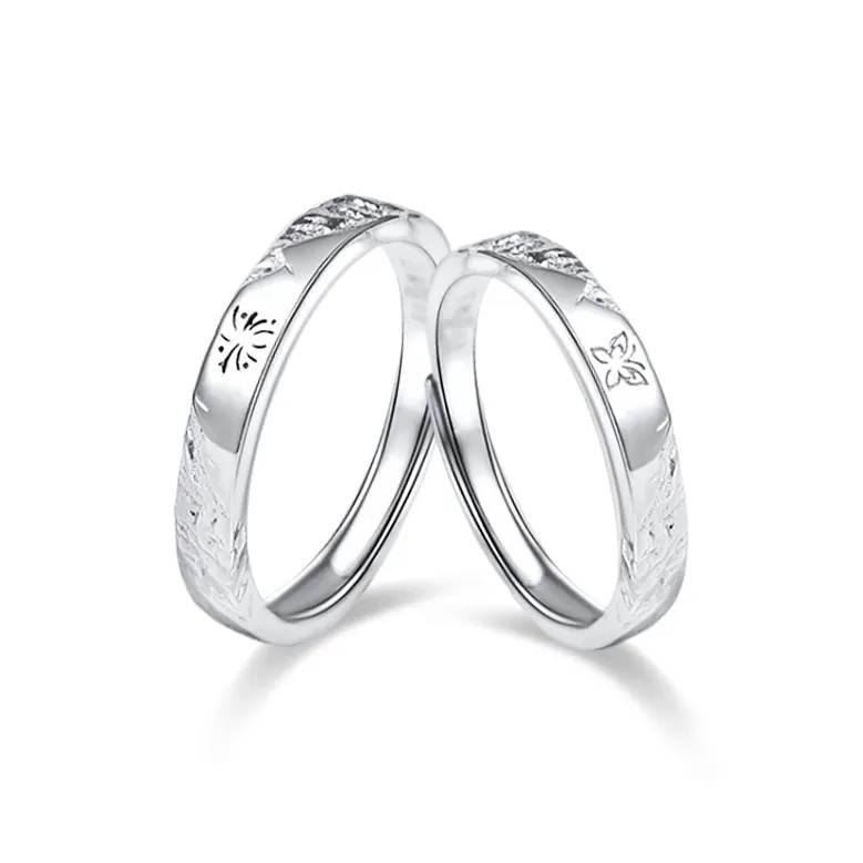 WANLIACC S925 Silver Smoke Flower Butterfly Couple Ring Unisex-0