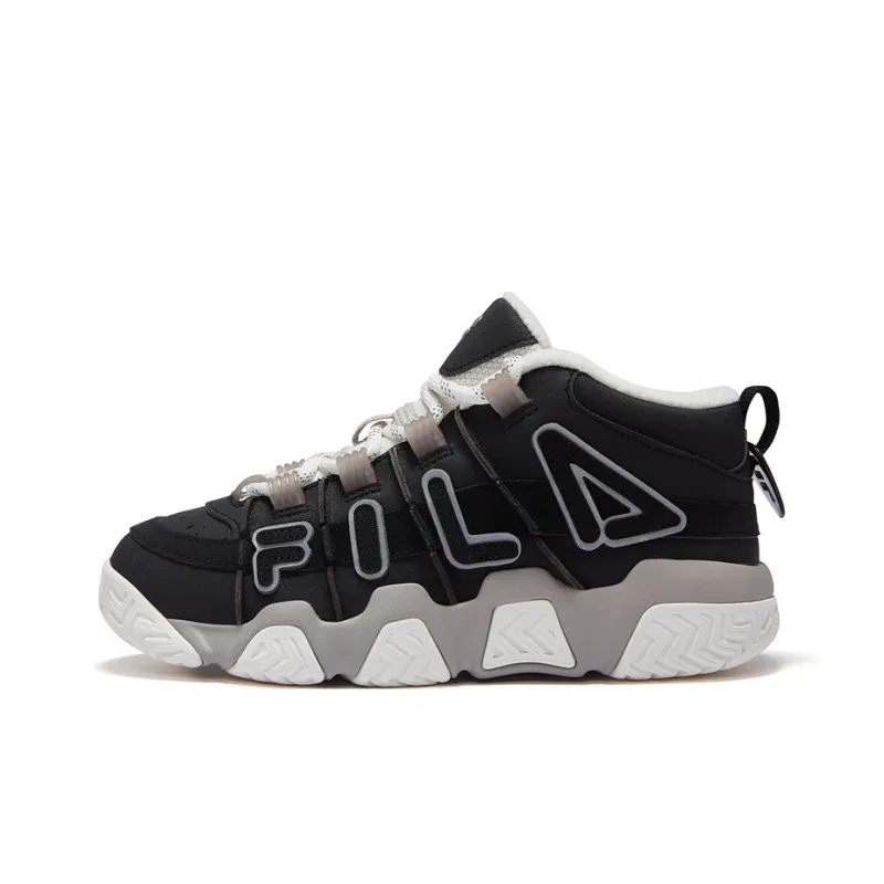 FILA FUSION BARRICADE Puffy Shoes Wear Resistant Mid Top Vintage Basketball Shoes Women's Black White-0