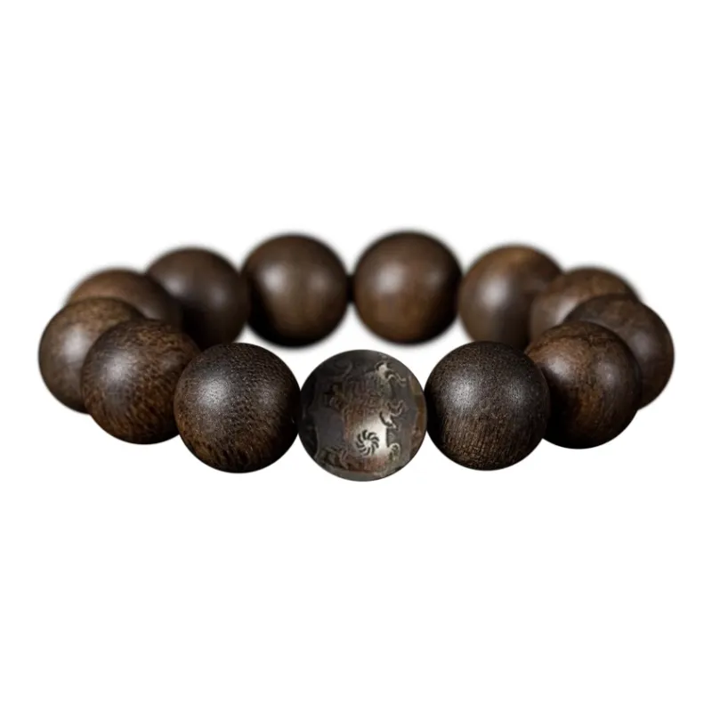 FANGYUANXIAOFU Aromatic Agarwood Single Plain Bead Chinese Style Fortune Beaded Bracelet Unisex-4