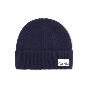 GANNI Logo Patch Rib Knitted Beanie