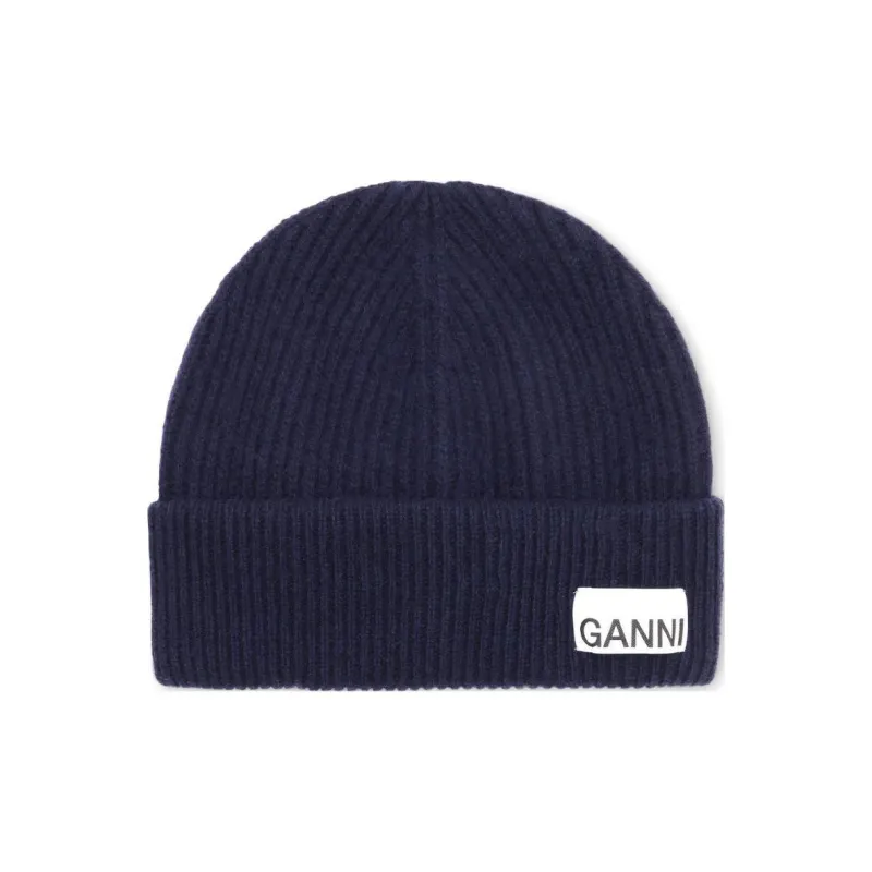 GANNI Logo Patch Rib Knitted Beanie-0