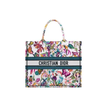 DIOR BookTote Toile De Jouy Fantastica Embroidery Tote Bag Shopping Bag Handbag Large Size Women's White & Multicolor