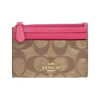 COACH Mini Id Skinny Leather Card Holder Mini Women's Khaki Monogram Color & Bright Pink