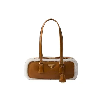 PRADA Shearling Handbag Shoulder Bag Medium Size Women's Cognac White/Blue Geometric Natural
