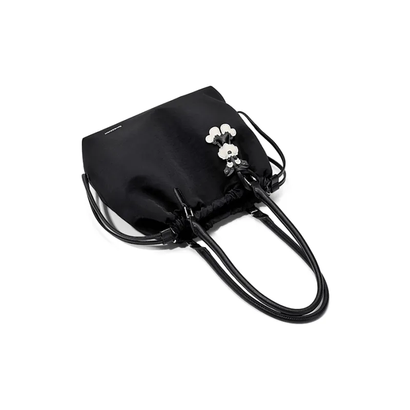 Simvay Clos Fabric With Synthetic Leather Tote Drawstring Bucket Bag Shoulder Bag Large Size Women's Black-2