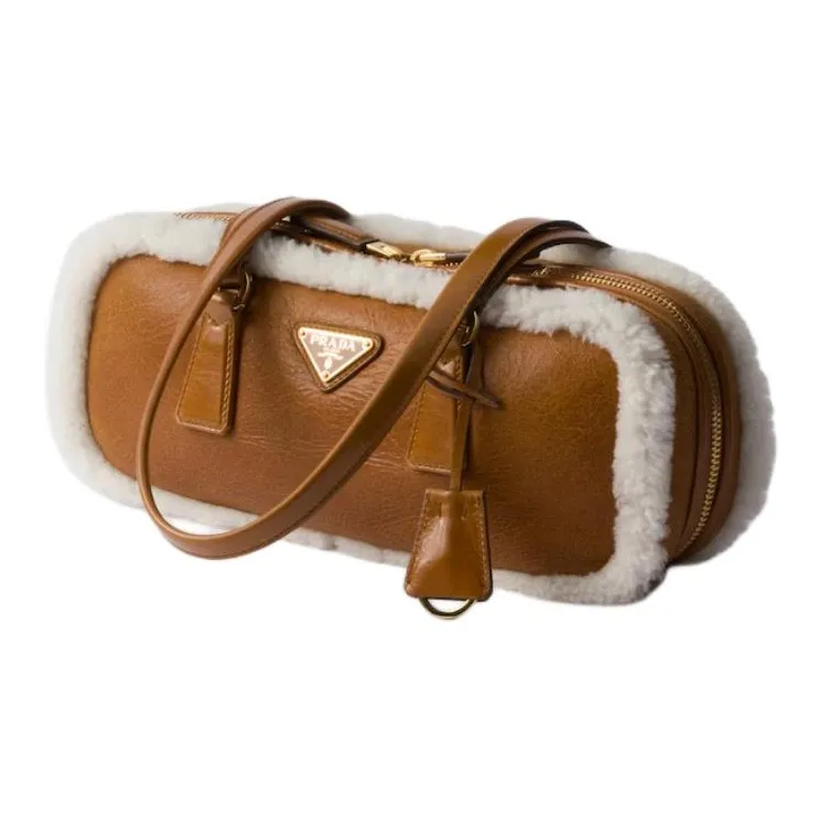 PRADA Shearling Handbag Shoulder Bag Medium Size Women's Cognac White/Blue Geometric Natural-1