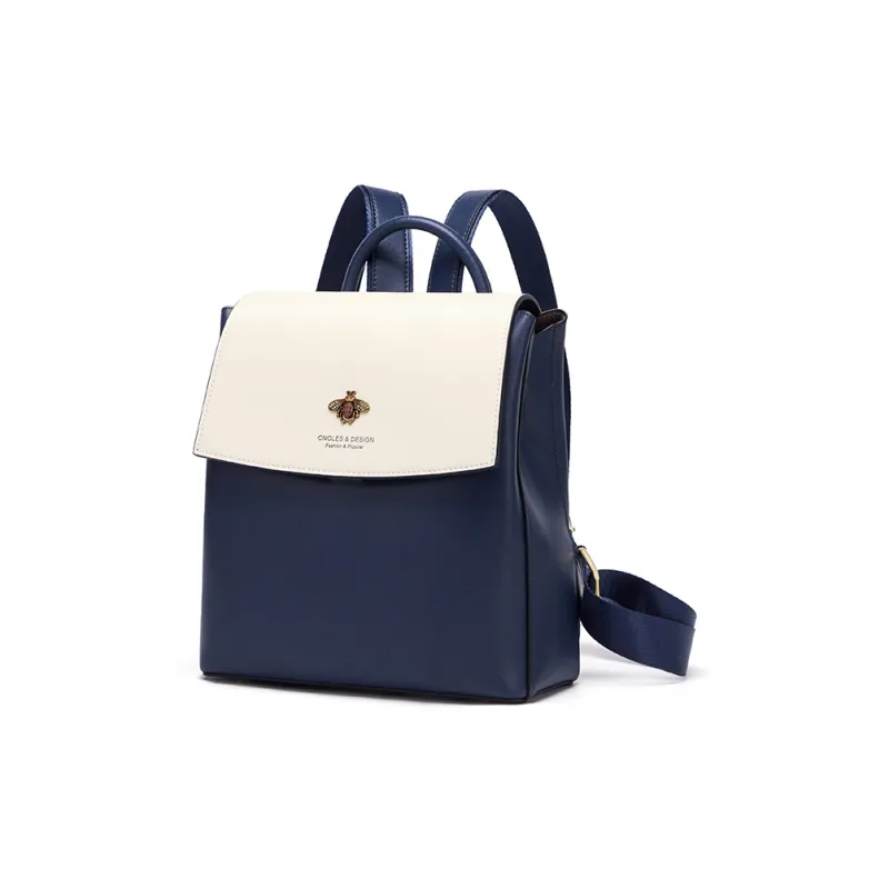 CNOLES Cow Leather Travel Backpack Women's Beige White & Blue-1
