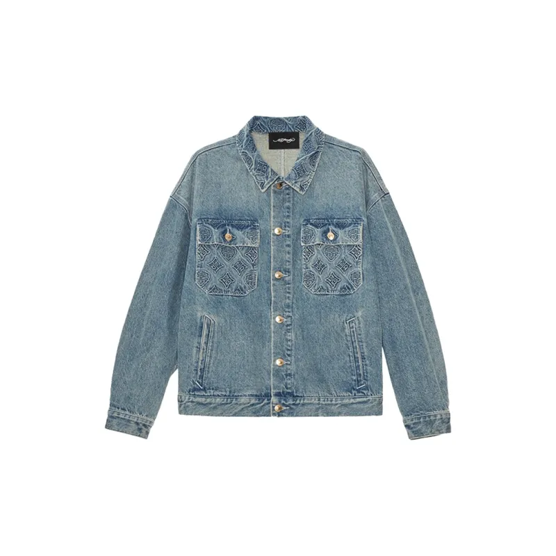 Ed Hardy Denim Jacket Men's Indigo With Complimentary Saint Laurent Black Opium Fragrance Pendant-1