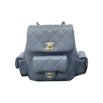 CHANEL Duma Grain Embossed Shiny Calfskin Backpack Small Size Women's Gray Blue