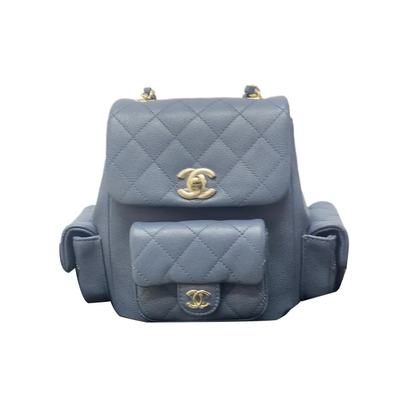 CHANEL Duma Grain Embossed Shiny Calfskin Backpack Trumpets Women's Gray Blue-0