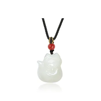 ZENGCAI National Style Jade Fox Pendant, Carved Jade Pendant Pale Greenish White Jade Women's