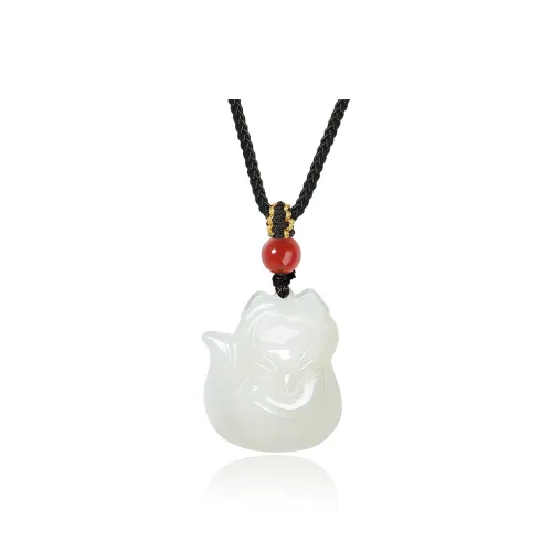 ZENGCAI National Style Jade Fox Pendant, Carved Jade Pendant Pale Greenish White Jade Women's