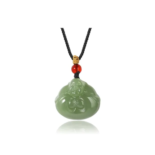 ZENGCAI Chinese Style Carving Peace Lock Pendant Necklace Pale Greenish White Jade Womens
