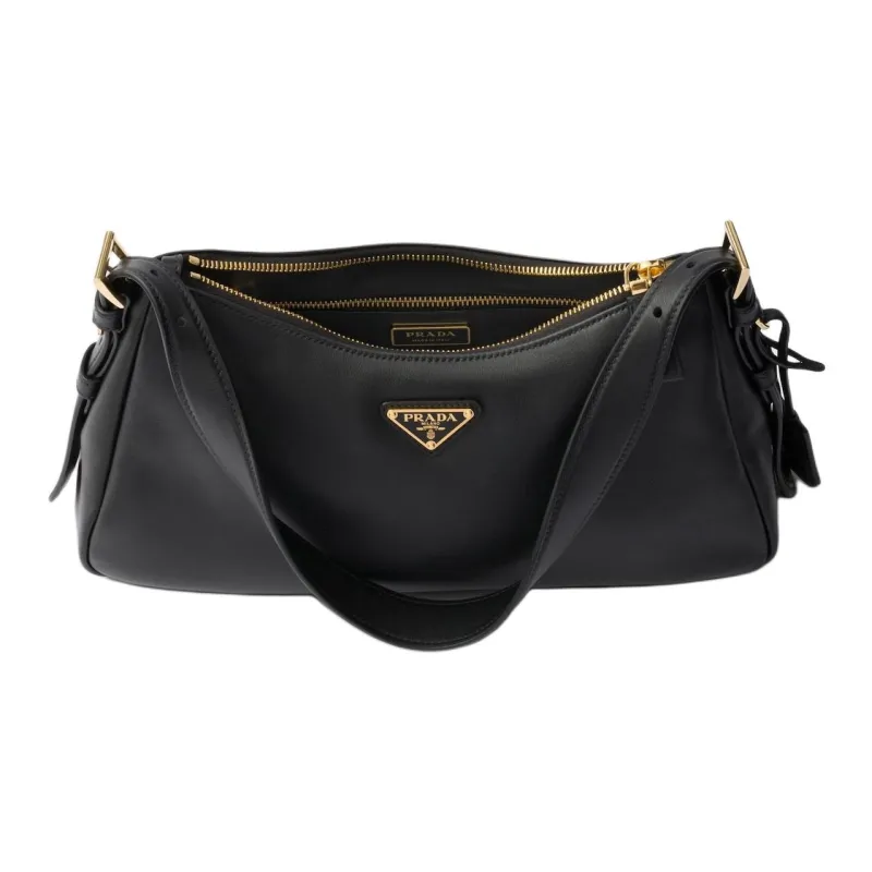 PRADA Leather Handbag Shoulder Bag Medium Size Women's Black-4