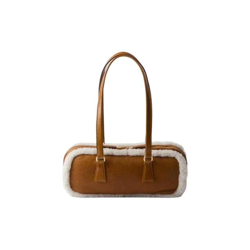 PRADA Shearling Handbag Shoulder Bag Medium Size Women's Cognac White/Blue Geometric Natural-4