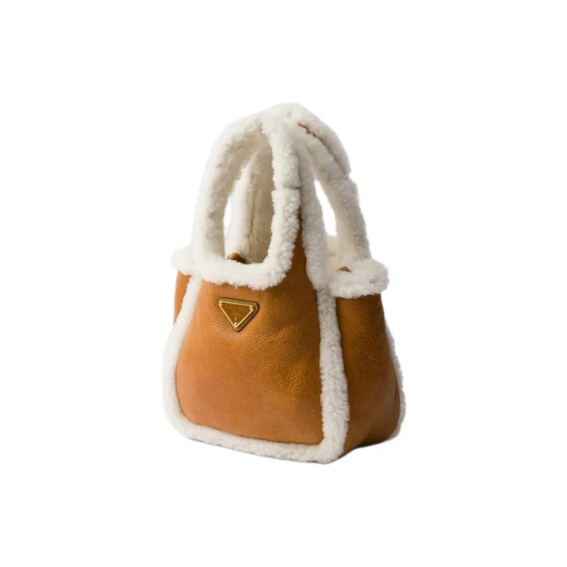 PRADA Leather Tote Bag, Shopping Bag, Handbag Mini Women's Cognac With Natural Color-1