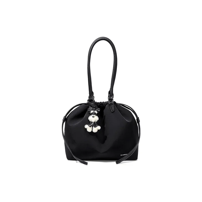Simvay Clos Fabric With Synthetic Leather Tote Drawstring Bucket Bag Shoulder Bag Large Size Women's Black-3