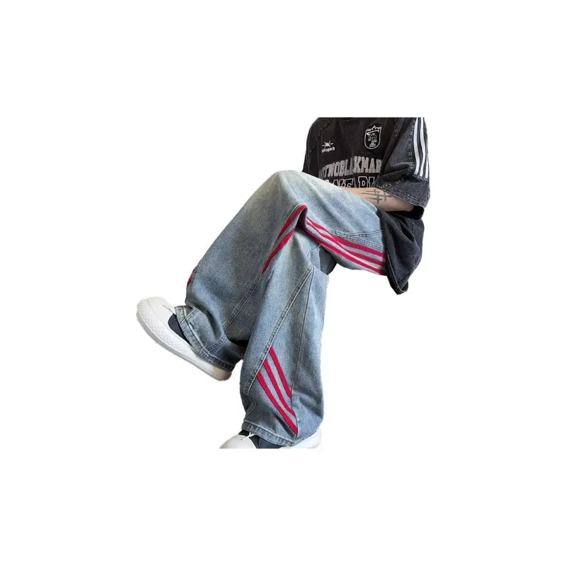 IJRJ Jeans Unisex Red Stripes Patchwork Blue-2