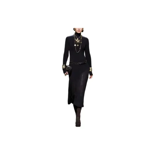 CHANEL Long-Sleeved Dresses Unisex Black