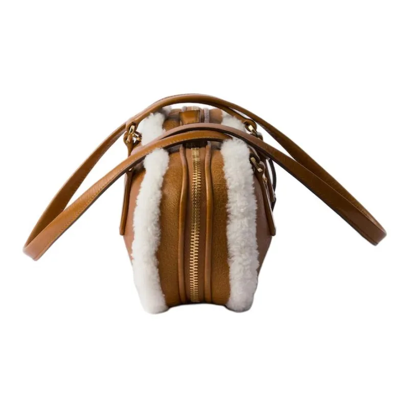 PRADA Shearling Handbag Shoulder Bag Medium Size Women's Cognac White/Blue Geometric Natural-2