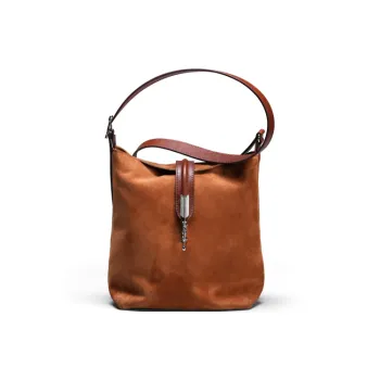 SHANSHUIJI Top Grain Sheep Suede Bucket Bag, Shoulder Bag Regular Women's Pumpkin Yellow/Chili Velvet Brown