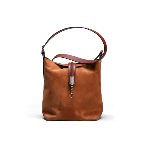 SHANSHUIJI Top Grain Sheep Suede Bucket Bag, Shoulder Bag Regular Women's Pumpkin Yellow/Chili Velvet Brown
