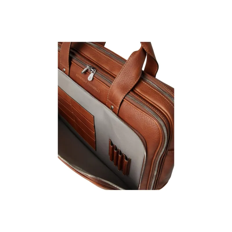 Brunello Cucinelli Grained Calfskin Portable Briefcases Men's Brown-2